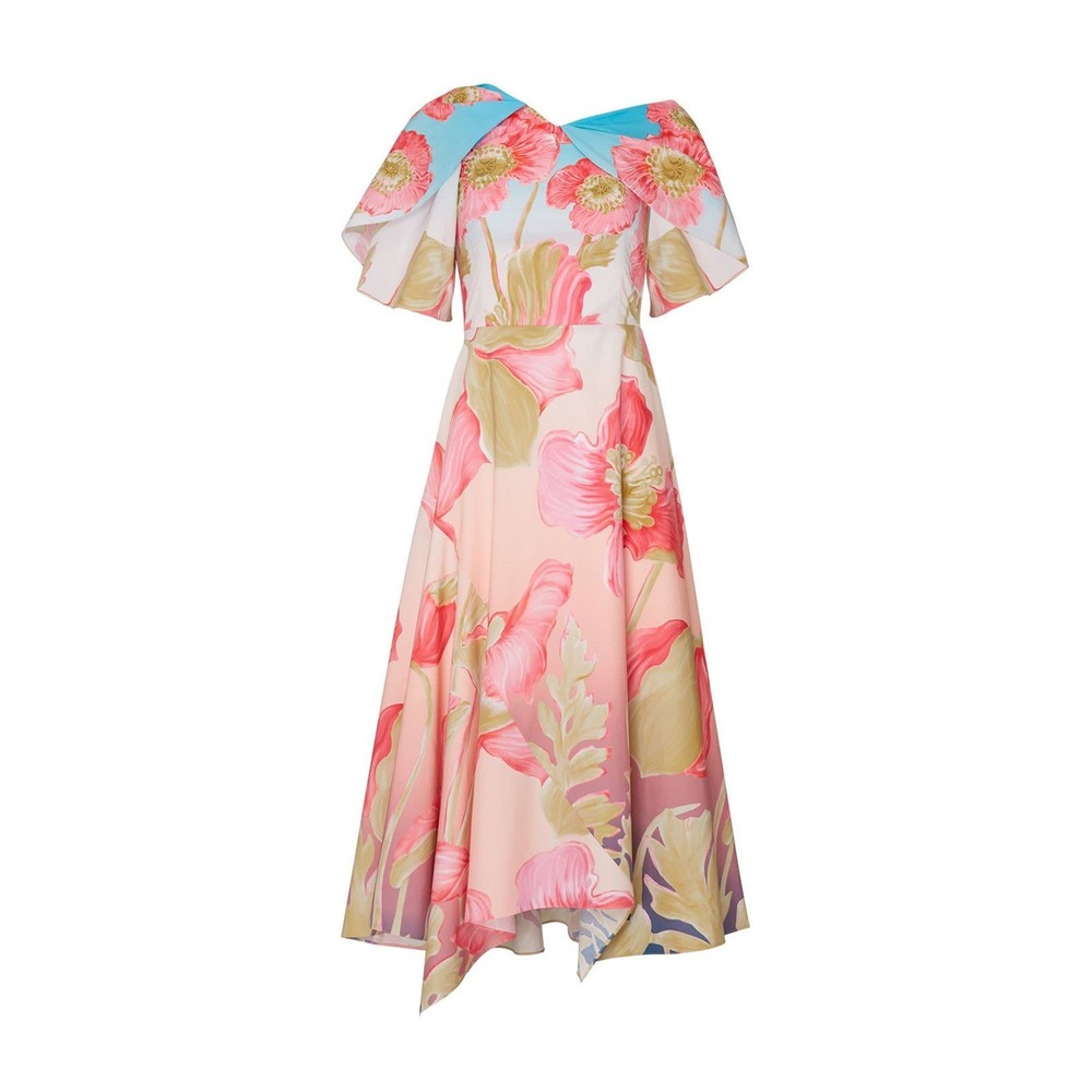Peter Pilotto Dress Womens 6 Pink Floral Asymmetrical Off Shoulder Midi Poppy